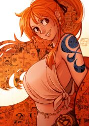  absurdres bare_shoulders belt belt_buckle body_jewelry breasts brown_eyes buckle earrings english_commentary female from_side gradient_background high_ponytail highres jewelry large_breasts lips long_hair looking_at_viewer looking_to_the_side midriff nami_(one_piece) narrow_waist one_piece orange_hair orange_theme parted_lips ponytail shirt shoulder_tattoo shuravf signature single_sidelock sleeveless sleeveless_shirt smile solo tattoo tied_shirt upper_body wavy_hair white_shirt 