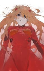  blue_eyes bodysuit breasts clenched_teeth commentary_request evangelion:_3.0_you_can_(not)_redo eyepatch female hair_between_eyes highres interface_headset le_(szs0k) long_hair looking_at_viewer mecha_pilot_suit messy_hair neon_genesis_evangelion orange_hair plugsuit rebuild_of_evangelion red_bodysuit simple_background small_breasts solo souryuu_asuka_langley sweat teeth very_long_hair 