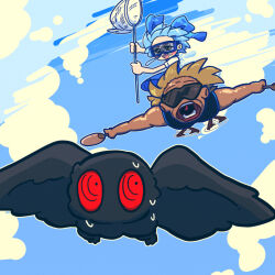  1boy absurdres blue_dress blue_hair blue_sky brown_hair butterfly_net cirno cloud commentary_request cookie_(touhou) cryptid day dress female flying full_body goggles hand_fan hand_net highres holding holding_butterfly_net holding_fan ice ice_wings looking_at_another manatsu_no_yo_no_inmu micha_(cookie) mothman muimui_(4242564muimui) open_mouth outdoors puffy_short_sleeves puffy_sleeves red_eyes shirt short_hair short_sleeves sky smile snot sunglasses takuya_(acceed) touhou white_shirt wings 