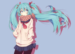  aqua_eyes aqua_hair bad_id bad_pixiv_id black_pantyhose blue_background blush breasts cardigan cowboy_shot female floating_hair fringe_trim from_side fukagawa_kazumi hair_between_eyes hair_ribbon hands_in_pockets hatsune_miku long_hair long_sleeves neckerchief pantyhose pleated_skirt pocket polka_dot ribbon scarf school_uniform serafuku shadow simple_background skirt small_breasts solo twintails very_long_hair vocaloid winter_clothes 