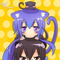  1boy 2015 acchi_kocchi ahoge animal_ears black_hair blue_eyes blue_hair blush brown_eyes cat_ears cat_tail commentary feline female glasses highres long_hair miaozhenw miniwa_tsumiki otonashi_io symbol-only_commentary tail upper_body very_long_hair 