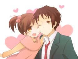  1boy bad_id bad_pixiv_id brother_and_sister brown_eyes brown_hair female kinokosuke kita_high_school_uniform kyon kyon&#039;s_sister one_eye_closed school_uniform short_hair siblings side_ponytail suzumiya_haruhi_no_yuuutsu winter_uniform 