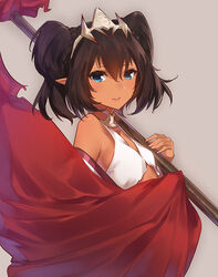  bikini bikini_top_only black_hair blue_eyes blush commentary_request dark-skinned_female dark_skin female flag flat_chest from_side grey_background hair_between_eyes holding jewelry looking_at_viewer midriff nadia_(sennen_sensou_aigis) neck_ring official_art over_shoulder parted_lips pointy_ears sennen_sensou_aigis short_hair short_twintails simple_background smile solo swimsuit tiara twintails upper_body yaman 