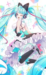  absurdly_long_hair aqua_eyes aqua_hair boots commentary_request dress female gloves hatsune_miku headphones high_heels highres knee_boots long_hair looking_at_viewer looking_back magical_mirai_(vocaloid) magical_mirai_miku magical_mirai_miku_(2016) one_eye_closed open_mouth pantyhose saltycaramel solo twintails twitter_username very_long_hair vocaloid white_background 