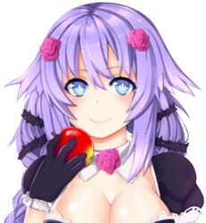  apple blue_eyes blue_hair blush breasts bright_pupils choujigen_game_neptune cleavage close-up closed_mouth cosplay detached_collar female food fruit gloves hair_between_eyes highres holding holding_food holding_fruit katerina_(rondo_duo) katerina_(rondo_duo)_(cosplay) large_breasts long_hair looking_at_viewer neptune_(series) otxoa60 puffy_short_sleeves puffy_sleeves purple_gloves purple_heart_(neptunia) rondo_duo short_sleeves smile solo 