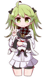  7th_dragon_(series) 7th_dragon_iii ahoge argyle_clothes argyle_hat black_ribbon blush button_eyes buttons chibi closed_mouth commentary_request cropped_legs female green_eyes green_hair hair_ornament hair_ribbon hand_up hat highres holding holding_stuffed_toy long_hair looking_at_viewer mio_(7th_dragon) naga_u nagamimi_(7th_dragon) pink_ribbon ribbon shirt short_shorts shorts shuriken simple_background smile snake_hair_ornament solo stuffed_animal stuffed_rabbit stuffed_toy top_hat two_side_up v weapon white_background white_shirt 