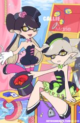  2girls alternate_legwear callie_(splatoon) commentary_request inkling jiayi marie_(splatoon) multiple_girls no_legwear parody short_jumpsuit splatoon_(series) splatoon_1 style_parody thighhighs 