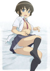  bad_id bad_pixiv_id black_socks blue_eyes blush brown_hair collared_shirt dress_shirt female glasses highres image_sample kneehighs lying necktie on_side open_clothes open_mouth open_shirt ore_no_imouto_ga_konna_ni_kawaii_wake_ga_nai panties pixiv_sample sawashiro_kei school_uniform shirt short_hair skirt socks solo surprised tamura_manami underwear undressing upskirt white_panties white_shirt 