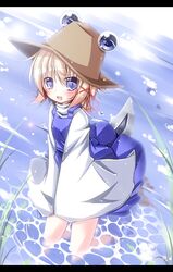  blonde_hair blue_eyes blush female futase_hijiri hair_ribbon hat letterboxed moriya_suwako ribbon solo tadpole_tail tail touhou wading water 