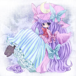  blue_ribbon blush boots bow bowtie commentary_request crescent crescent_hair_ornament cross-laced_footwear edo. female frills hair_ornament hat long_hair lowres mob_cap patchouli_knowledge purple_eyes purple_hair red_ribbon ribbon solo touhou very_long_hair 