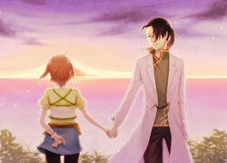  1boy akari_(bokujou_monogatari) bokujou_monogatari bokujou_monogatari:_waku_waku_animal_march bokujou_monogatari:_yasuragi_no_ki chinese_clothes commentary_request couple female gloves hal_(sakurajam) holding_hands lab_coat ocean straight sunset water won_(bokujou_monogatari) 