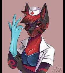  5_fingers anthro black_bars breasts canid canine cleavage clothed clothing eyebrows eyelashes female fingers front_view fur glove_snap gloves hair handwear hat headgear headwear inner_ear_fluff looking_at_viewer lucky-neko mammal medical_gloves nurse nurse_clothing nurse_uniform pillarbox raised_finger raised_hand red_cross simple_background smile solo tuft uniform 