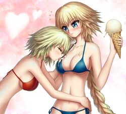  2girls bad_id bad_pixiv_id bikini blonde_hair blue_bikini blue_eyes blush braid breasts cleavage closed_eyes embarrassed fate/grand_order fate_(series) food food_on_body heart highres ice_cream ice_cream_cone jeanne_d&#039;arc_(fate) jeanne_d&#039;arc_(ruler)_(fate) jeanne_d&#039;arc_alter_(avenger)_(fate) jeanne_d&#039;arc_alter_(fate) jihadangel large_breasts licking licking_breast long_braid long_hair multiple_girls red_bikini short_hair sideboob single_braid sweatdrop swimsuit very_long_hair yuri 