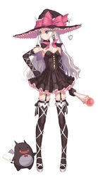  :d bat_wings black_thighhighs blue_eyes bow bowtie breasts capelet demon demon_tail dress earrings elbow_gloves elf fangs female food frills garter_straps gem gloves hand_on_own_hip hat heart jewelry lolita_fashion long_hair long_legs looking_away melty_(shining_hearts) official_art open_mouth petite photoshop_(medium) pointy_ears popsicle ribbon scepter shining_(series) shining_hearts short_dress simple_background small_breasts smile solo sorbe_(shining_hearts) standing striped tail thighhighs tony_taka very_long_hair wavy_hair white_hair wings witch witch_hat zettai_ryouiki 