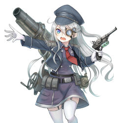  belt blue_eyes braid cannon commentary_request epaulettes female garter_straps gloves grey_hair gun handgun hat jacket kai_(ootamuno12) long_hair military military_uniform necktie oerba_yun_fang open_mouth original photoshop_(medium) pouch skirt solo ten_kurairakon_teikoku-gun tenkuu_no_craft_fleet thighhighs uniform weapon white_gloves white_thighhighs 