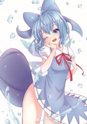  blue_bow blue_eyes blue_hair blush bow cirno commentary_request female hairbow hand_on_own_cheek hand_on_own_face looking_at_viewer one_eye_closed open_mouth puffy_short_sleeves puffy_sleeves red_ribbon ribbon saltycaramel short_hair short_sleeves smile solo touhou water_drop 