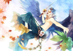  1boy belt black_wings commentary_request flower geta japanese_clothes kuroyuki leaf male_focus maple_leaf mask original smile solo sword tengu tengu-geta tengu_mask topless_male weapon wings 