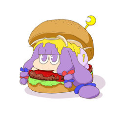  bow burger chibi commentary_request crescent_moon eggplant female food hairbow in_food lettuce moon no_headwear onion patchouli_knowledge purple_eyes purple_hair ribbon simple_background solo touhou yoshino_norihito 