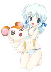  absurdres bikini blue_eyes blue_hair commentary_request female hamster hamtaro hamtaro_(series) highres inflatable_toy kotomi_(happy_colors) personification ribbon_(hamtaro) short_hair striped_bikini striped_clothes swimsuit twintails 