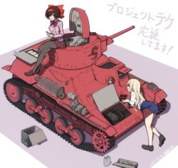  2girls artist_name black_hair black_legwear blonde_hair bow bowtie brown_eyes bug caterpillar_tracks centipede checkered_clothes checkered_skirt commentary_request dated emblem girls_und_panzer girls_und_panzer_ribbon_no_musha hairbow highres jacket koubakotone loafers long_hair matsukaze_rin military military_vehicle motor_vehicle multiple_girls on_vehicle pantyhose pink_jacket red_bow red_bowtie school_uniform shirt shoes short_hair sitting skirt tank tatenashi_high_school_uniform tsuruki_shizuka type_97_te-ke white_shirt 