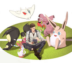  1boy absurdres blue_eyes brown_footwear brown_hair clenched_hand commentary granbull handheld_game_console highres jacket kirlia mawile mega_mawile mega_pokemon nazgul_(5511474) nintendo_ds photoshop_(medium) pokemon pokemon_(creature) shoes sitting smile sylveon symbol-only_commentary togekiss wigglytuff 