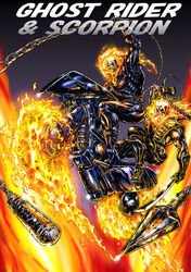  2boys black_gloves burning byakuren_(midwood) chains commentary_request crossover fire flaming_eyes ghost_rider gloves hanzo_hasashi jacket leather leather_jacket marvel mortal_kombat_(series) motor_vehicle motorcycle multiple_boys muscular ninja open_mouth outstretched_arm polearm riding scorpion_(mortal_kombat) skull spear spikes studded sword weapon western_comics_(style) 