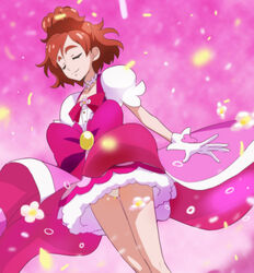  bow closed_eyes cosplay cure_flora cure_flora_(cosplay) female flower gloves go!_princess_precure haruno_haruka haruyama_kazunori magical_girl petals pink_background precure red_hair self_cosplay short_hair smile solo transformation waist_bow white_gloves 