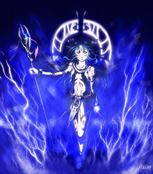  blue_background blue_eyes blue_hair blue_theme commentary_request female lightning magic solo spoilers staff tattoo tia_(ys) tialuna_(ys) xiacheng_tatsuya ys ys_seven 