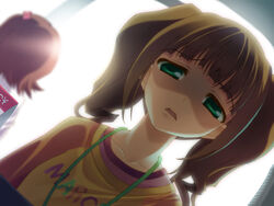  2girls amami_haruka bad_id bad_pixiv_id blunt_bangs brown_hair closed_eyes clothes_writing collarbone commentary dark frown glaring green_eyes idolmaster idolmaster_(classic) indoors looking_at_viewer multiple_girls open_mouth parted_lips sad saijou_satoru shirt short_hair solo_focus sunlight t-shirt takatsuki_yayoi twintails window 