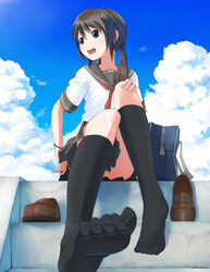  commentary_request feet female naono no_shoes original perspective photoshop_(medium) school_uniform serafuku sitting socks solo 