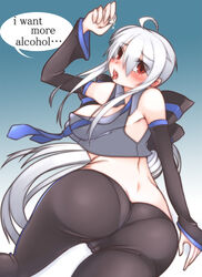  ahoge albino armpits ass bare_shoulders black_pants blush bow breasts commentary_request covered_nipples crop_top english_text female large_breasts long_hair looking_back midriff niwakaame_(amayadori) open_mouth pants red_eyes simple_background solo striped_bow tears tongue very_long_hair vocaloid white_hair wide_hips yowane_haku 