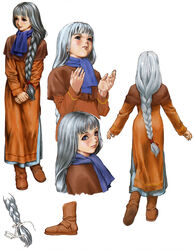  ascot blunt_bangs blush boots braid brown_footwear female from_behind full_body hair_over_shoulder hair_ribbon lips long_hair long_sleeves looking_at_viewer multiple_views official_art own_hands_together parted_lips platina_(valkyrie_profile) ribbon robe silver_hair simple_background single_braid smile v_arms valkyrie_profile_(series) very_long_hair white_background white_ribbon yoshinari_kou yoshinari_you 