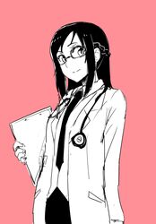  ayatori_(sensei_heroism) dokidoki!_precure female hishikawa_rikka labcoat looking_at_viewer monochrome necktie precure solo stethoscope 