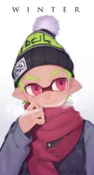  1boy bobblehat breath buttons coat commentary_request etsuo green_hair hat inkling inkling_boy inkling_player_character jacket long_sleeves looking_to_the_side male_focus monster_boy pink_eyes pointy_ears purple_jacket red_scarf scarf simple_background smile solo splatoon_(series) splatoon_1 tentacle_hair white_background winter winter_clothes winter_coat 