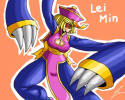  arms_(game) blonde_hair borockman breasts chinese_clothes claws cleavage cleavage_cutout clothing_cutout commentary cosplay crossover female hat jiangshi lei_lei lei_lei_(cosplay) min_min_(arms) ofuda short_hair vampire_(game) 