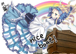  arm_behind_head arm_up artist_name bangs_pinned_back blonde_hair blue_eyes blue_flower blue_ribbon blue_rose blue_skirt blush boat bodystocking boots breasts chinese_commentary choker commentary_request dress english_text female flower frills hair_flower hair_ornament hair_strand hairband long_hair lunacats medium_breasts meme multicolored_clothes multicolored_dress nice_boat_(meme) noah&#039;s_ark noah_(p&amp;d) open_mouth overskirt pantyhose photoshop_(medium) puffy_sleeves puzzle_&amp;_dragons rainbow ribbon rose short_sleeves simple_background skirt solo watercraft white_background white_dress white_flower white_footwear white_rose 