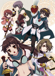  2girls 3boys armlet armor asahina_mitsuru brown_hair cape commentary_request gauntlets genderswap_(ftm) genderswap_(mtf) hitsuji_gou koizumi_itsuki_(female) kyonko long_hair midriff multiple_boys multiple_girls nagato_yuuki ponytail purple_hair rule_63 short_hair superheroine_haruhi suzumiya_haruhi_no_tomadoi suzumiya_haruhi_no_yuuutsu suzumiya_haruhiko sword thief_nagato thighhighs wand weapon 