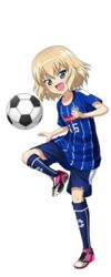  ball female full_body girls_und_panzer j._league katyusha_(girls_und_panzer) mito_hollyhock simple_background soccer soccer_ball soccer_uniform solo sportswear transparent_background 