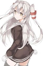  amatsukaze_(kancolle) aoi_takeru ass brown_dress commentary_request dress female garter_straps gloves grey_hair hair_tubes highres kantai_collection long_hair looking_at_viewer looking_back sailor_dress short_dress simple_background smile solo two_side_up white_background white_gloves white_hair yellow_eyes 