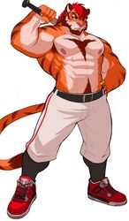  2016 5_fingers abs anthro armpit_hair baseball_(sport) baseball_bat baseball_tiger baseball_uniform bat_(object) beard belt biceps big_muscles biped body_hair bottomwear brown_body brown_fur brown_stripes brown_tail claws clothed clothing digital_media_(artwork) drks facial_hair felid fingers footwear full-length_portrait fur hair hand_on_hip hi_res high_top_shoes holding_object male mammal manly markings multicolored_body multicolored_fur muscular muscular_anthro muscular_male nipples orange_body orange_fur orange_tail pantherine pants pecs pink_nipples pink_nose portrait pose red_eyes red_hair redick shoes solo sport sportswear standing striped_body striped_fur striped_markings striped_tail stripes tail tail_markings tiger topless two_tone_tail uniform white_body white_fur 