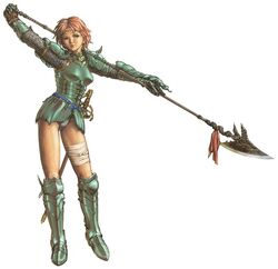  aelia armor bandages boobplate boots breastplate breasts female full_body gauntlets glaive_(polearm) green_eyes hauberk knee_boots leotard looking_at_viewer medium_breasts official_art orange_hair over_shoulder polearm pose scabbard sheath short_hair simple_background skirt solo sword unsheathed valkyrie_profile_(series) weapon white_background yoshinari_kou yoshinari_you 