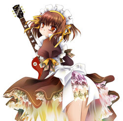  bad_id bad_pixiv_id brown_eyes brown_hair dress electric_guitar female frills from_behind gibson_brands_inc gibson_les_paul guitar hair_ribbon hairband instrument looking_back orange_hairband ribbon sakana_chii short_hair simple_background solo suzumiya_haruhi suzumiya_haruhi_no_yuuutsu white_background 