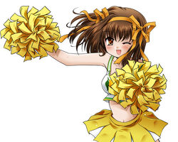  brown_eyes brown_hair cheerleader commentary_request female hair_ribbon hairband medium_hair midriff official_alternate_costume one_eye_closed orange_hairband pom_pom_(cheerleading) ribbon sakana_chii solo suzumiya_haruhi suzumiya_haruhi_no_yuuutsu 