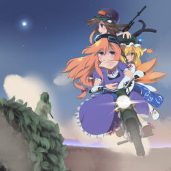  3girls bad_id bad_pixiv_id blonde_hair bread bread_slice brown_eyes brown_hair chen food food_in_mouth fox_tail ghillie_suit goggles gun hakomugi helmet highres long_hair motor_vehicle motorcycle mouth_hold multiple_girls multiple_riders photoshop_(medium) purple_eyes riding rifle short_hair tail toast toast_in_mouth touhou weapon when_you_see_it yakumo_ran yakumo_yukari yellow_eyes 