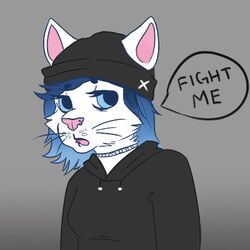  1:1 anthro beanie clothed clothing english_text felid female fur hair hat headgear headwear looking_at_viewer low_res lucky-neko mammal open_mouth solo text 