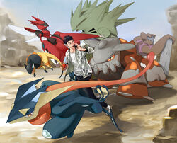  1boy black_eyes black_hair black_pants blue_eyes commentary conkeldurr greninja heatran heliolisk highres holding holding_poke_ball mega_pokemon mega_scizor nazgul_(5511474) open_mouth orange_eyes pants photoshop_(medium) poke_ball pokemon pokemon_(creature) scizor shoes sneakers spikes symbol-only_commentary tail tongue tyranitar wings 