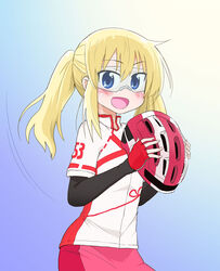  :d bicycle_helmet bike_jersey blonde_hair blue_background blue_eyes blush commentary_request female fingerless_gloves glasses gloves hair_between_eyes helmet highres layered_sleeves long_hair long_riders! long_sleeves oerba_yun_fang open_mouth red_gloves saijou_hinako short_over_long_sleeves short_sleeves smile solo sweat tokidome_zamao twintails 