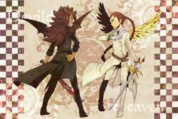  2boys angel_and_devil angel_wings bat_wings braid brown_hair coat commentary_request desuta formal inazuma_eleven inazuma_eleven_(series) multiple_boys sein sword weapon wings yosakuh 