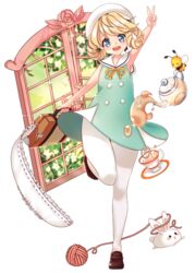  animal_ears bad_id bad_pixiv_id bee blonde_hair bug cup female full_body green_eyes hat honey original pantyhose plate rabbit_ears saltycaramel short_hair sleeveless solo teacup teapot v white_hat white_pantyhose window yarn yarn_ball 