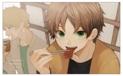  2boys ^^^ beef biting black_shirt blurry border brown_hair character_name chopsticks collared_shirt commentary_request cup curry_gohan dated depth_of_field drinking_glass eating english_text eyelashes food food_in_mouth green_eyes happy_birthday highres holding indoors izumi_kouhei looking_at_viewer male_focus midorikawa_shun multiple_boys open_clothes open_shirt profile school_uniform shirt sliding_doors talking translated undershirt white_border white_shirt world_trigger 